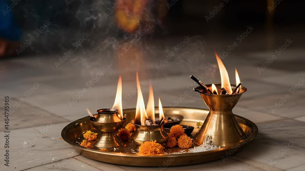 Close Up Of Brass Oil Lamps With Flames And Smoke In Religious Ceremony