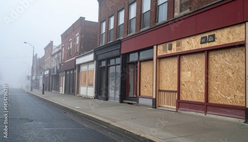 Abandoned storefronts with boarded windows in a foggy urban setting