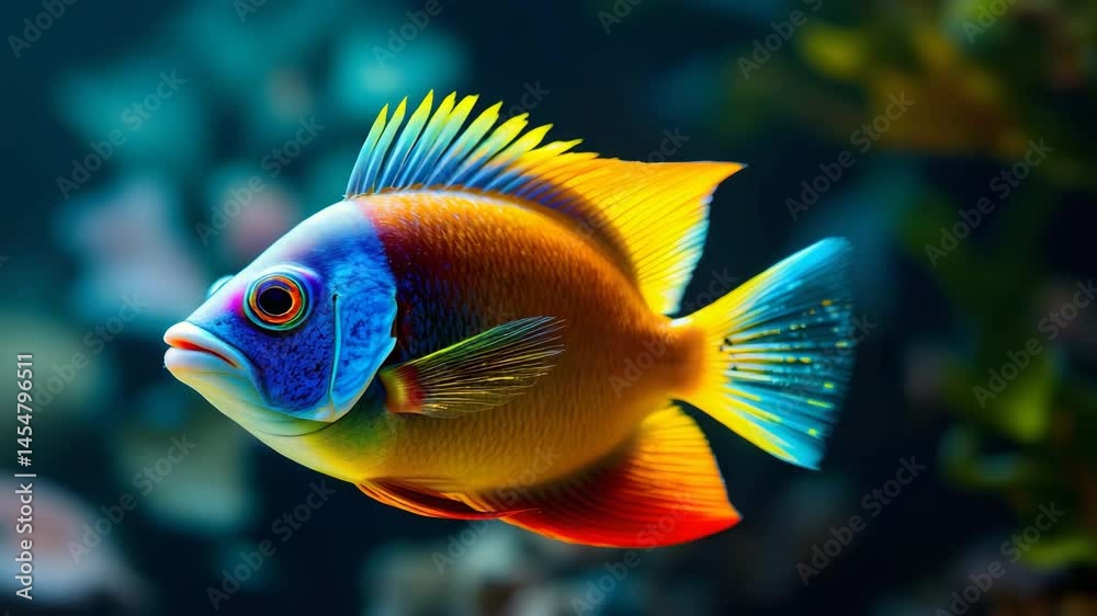 Vibrant colorful fish swimming gracefully in clear blue water of underwater paradise scene Vibrant colorful fish swimming gracefully in clear blue water of underwater paradise scene