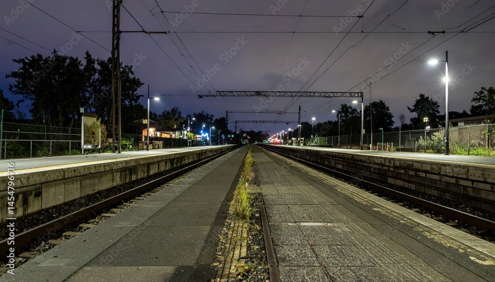 Nighttime railway station platform illuminated by street lights and moon Nighttime railway station platform illuminated by street lights and moon