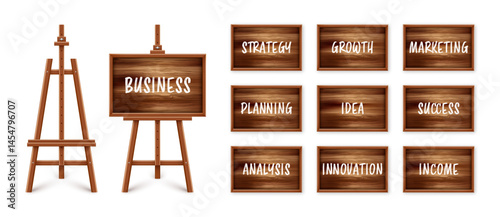 Wooden chalkboard on easel. Blackboard in wooden frame on a tripod. Presentation board with text, writing or drawing surface. Business investment, economics and finance. Vector illustration
