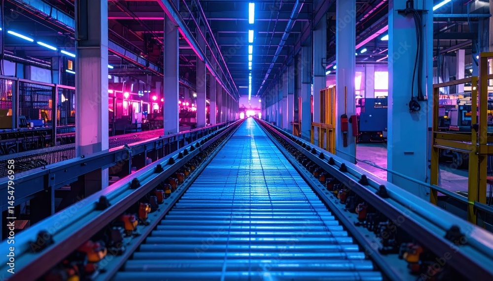 Fototapeta premium Industrial Warehouse Interior with Conveyor Belt and Neon Lighting