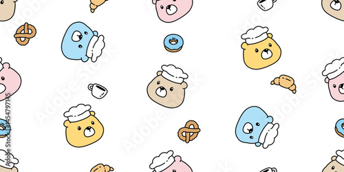 bear seamless pattern polar bear chef cooking food baked bakery croissant vector face head cartoon donut pretzel coffee cup doodle teddy tile background gift wrapping paper repeat wallpaper scarf isol