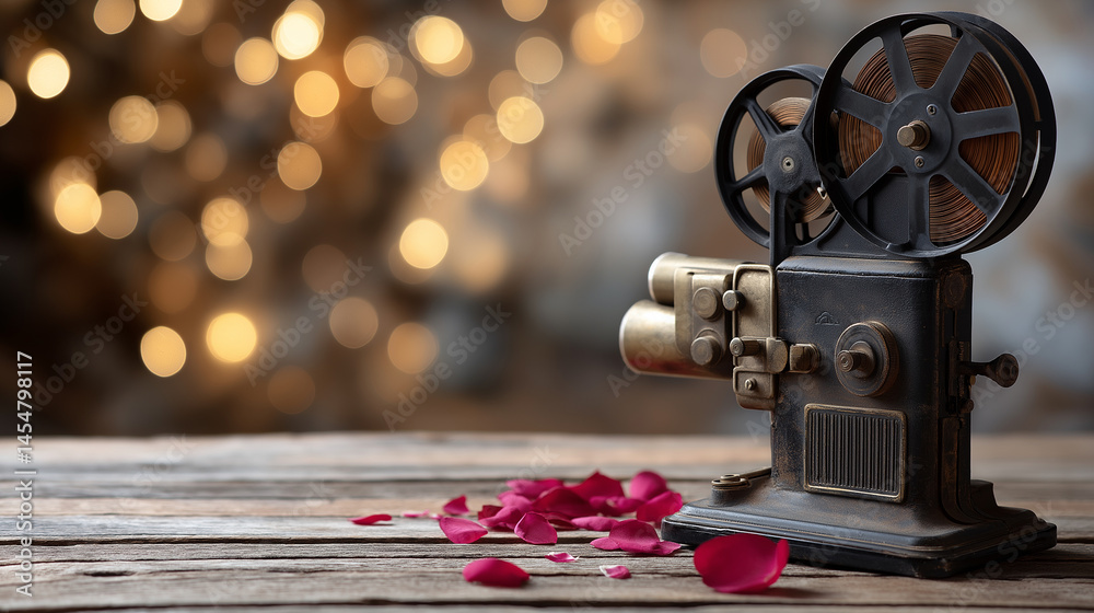 Fototapeta premium Vintage film projector on wooden table with scattered petals