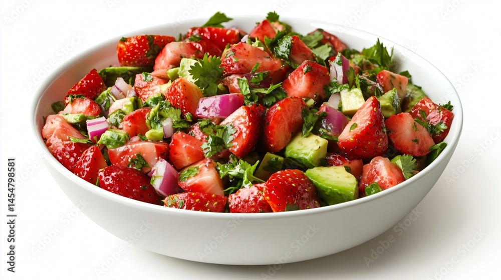 Strawberry and avocado salad with red onion and cilantro, served in a white bowl, isolated on light background Strawberry and avocado salad with red onion and cilantro, served in a white bowl, isolated on light background