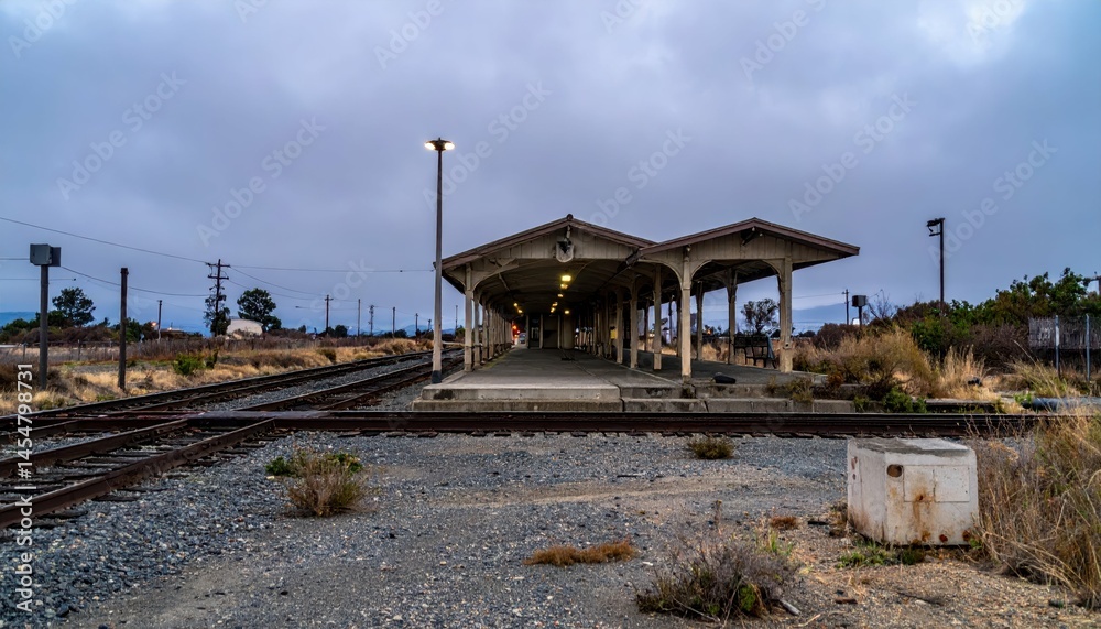 Abandoned Train Station Under Cloudy Sky at Dusk with Rails Nearby Abandoned Train Station Under Cloudy Sky at Dusk with Rails Nearby