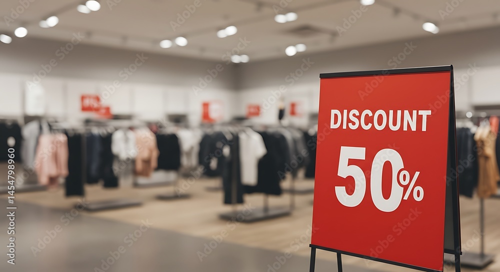 Fototapeta premium Discount Sign Indicating 50% Off in Modern Clothing Store 
