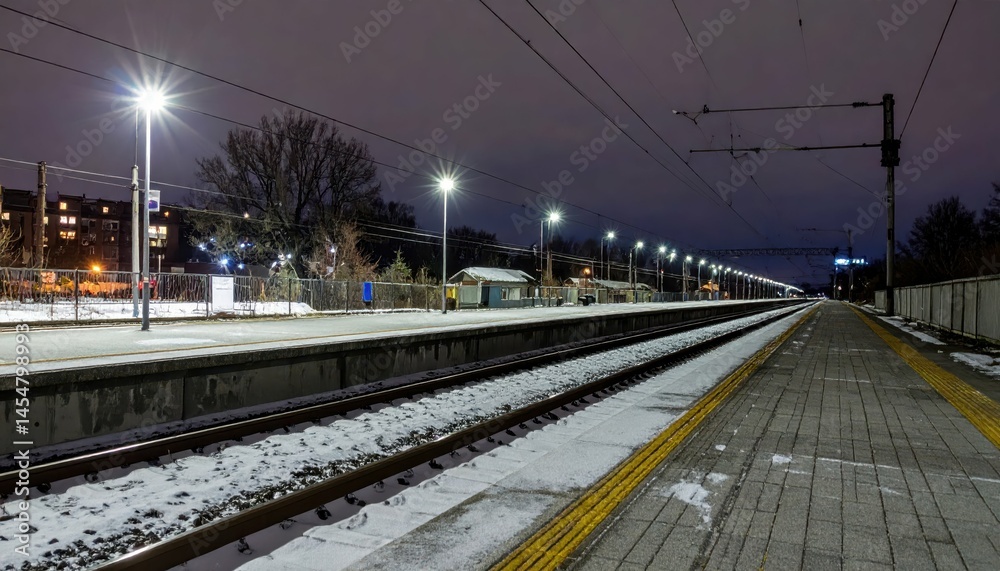Nighttime Train Station Platform with Illuminated Tracks and Snow Nighttime Train Station Platform with Illuminated Tracks and Snow