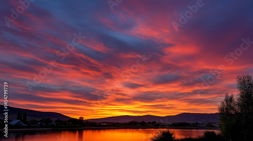 Vibrant sunset landscape with dramatic sky and serene reflections