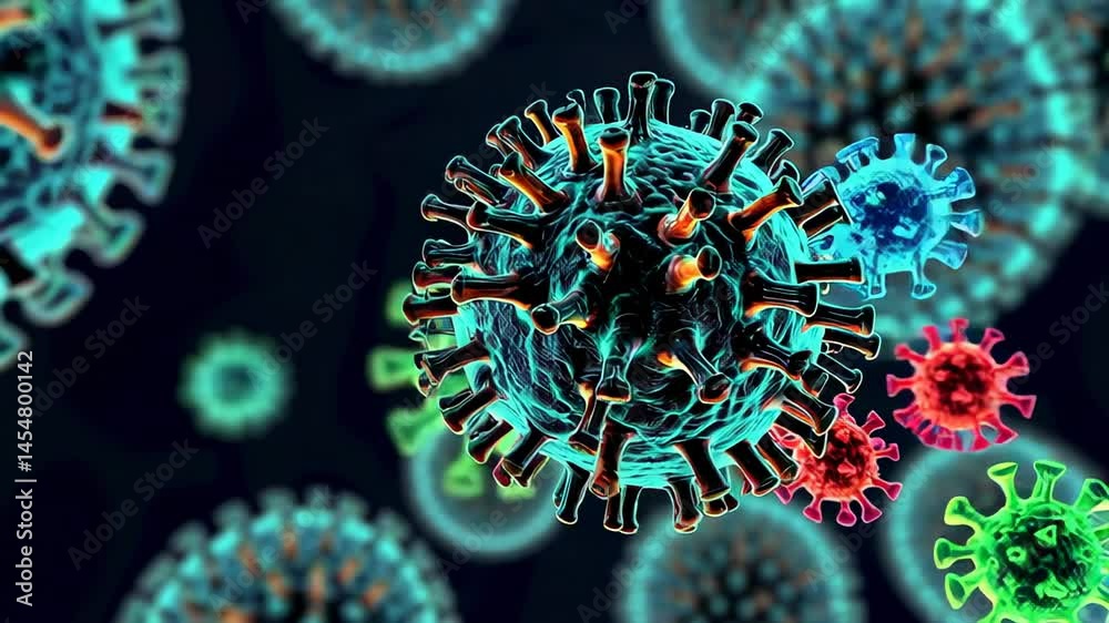 Vibrant 3d render of various viruses showcasing the dynamic interaction between different viral particles, depicting concepts of vaccination and immunity