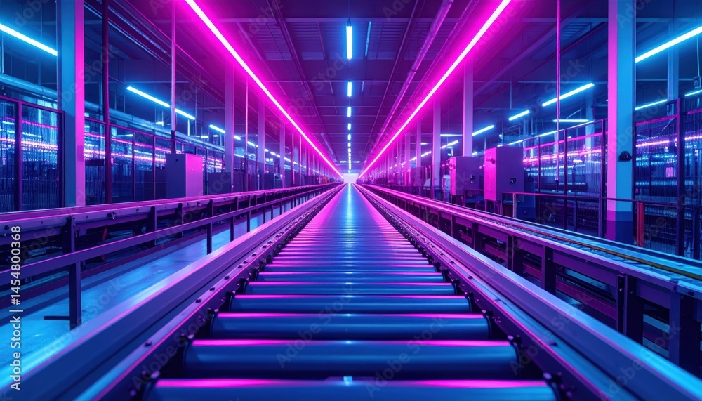 Fototapeta premium Futuristic Conveyor System with Neon Lights in Modern Warehouse
