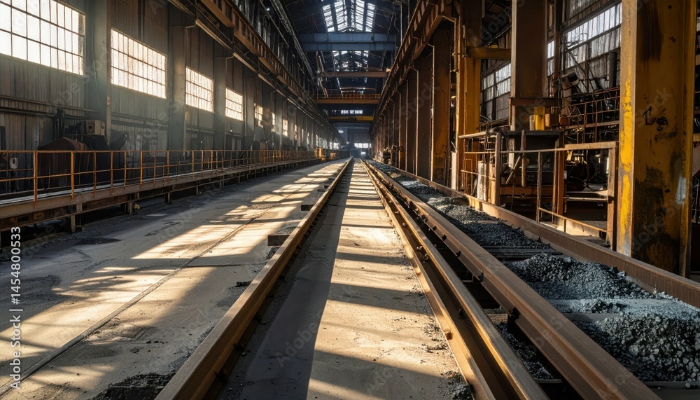 Fototapeta premium Abandoned Industrial Warehouse with Train Tracks Bathed in Light