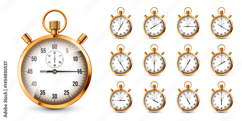 Realistic classic stopwatch. Shiny golden metal chronometer, time counter with dial. Countdown timer showing minutes and seconds. Time measurement for sport, start, finish. Vector illustration