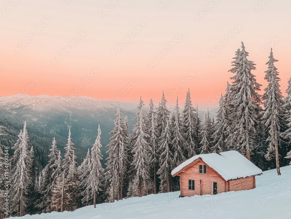 Snowy mountain landscape with a small wooden cabin.