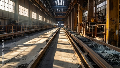 Abandoned Industrial Warehouse with Train Tracks Bathed in Light