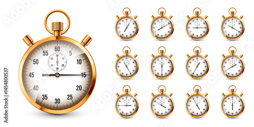 Obraz na płótnie Realistic classic stopwatch. Shiny golden metal chronometer, time counter with dial. Countdown timer showing minutes and seconds. Time measurement for sport, start, finish. Vector illustration w salonie