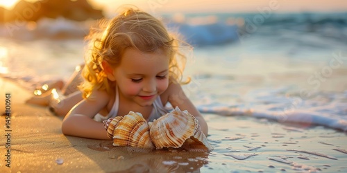 Adorable Little Girl Playing on the Beach at Sunset