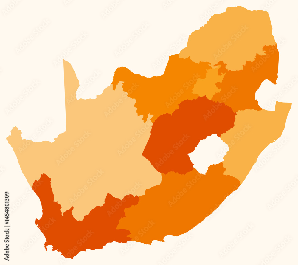 Fototapeta premium Map of South Africa with regions. Just a simple country border map with region division. Orange color palette. Blank South Africa shape with administrative division. Vector illustration.