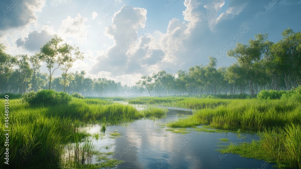 Tranquil waterway meandering through lush greenery.