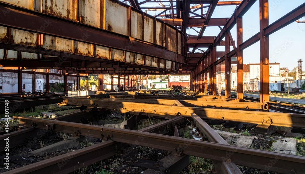Obraz premium Abandoned Industrial Warehouse with Rusty Metal Framework and Tracks