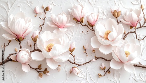 3D mural panel of blooming peonies and magnolias, soft white and pink colors, embossed floral texture with subtle shading, elegant and luxurious botanical wall art.