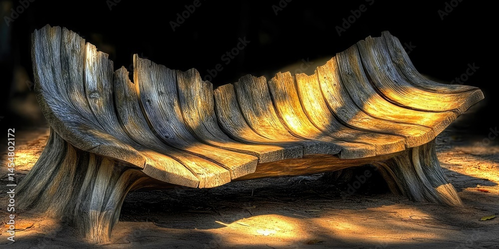 Artistic weathered wooden bench in sunlight.