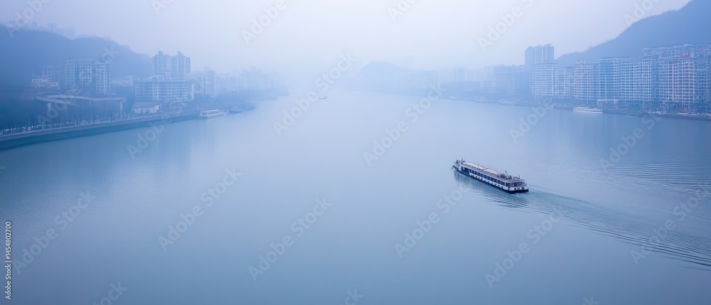 Misty river scene with a ferry.