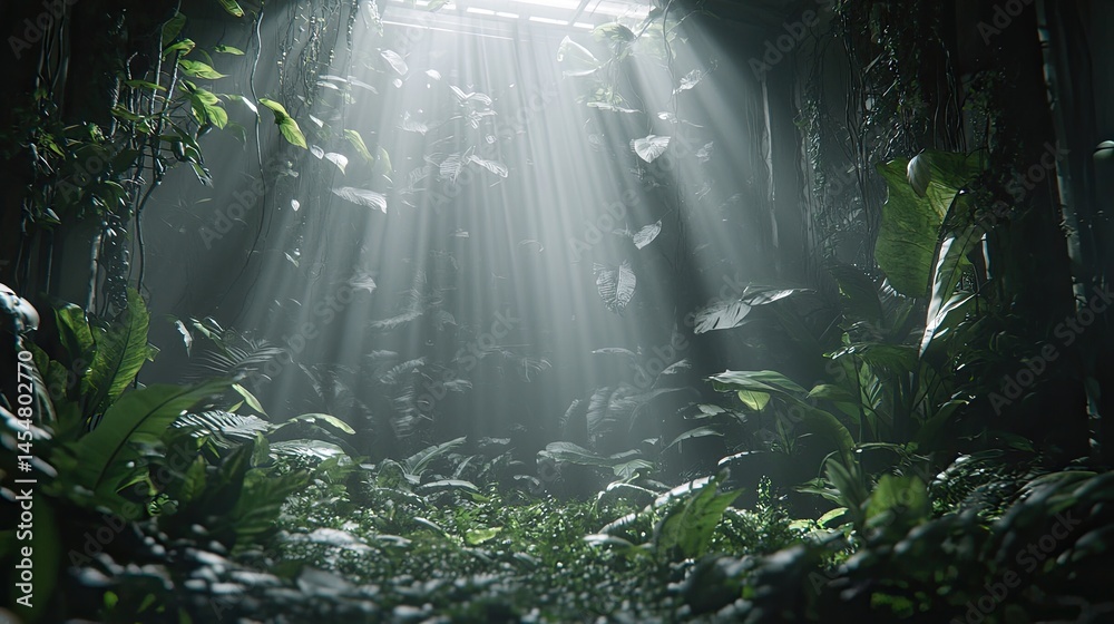 Dark, lush cave interior illuminated by sunlight.