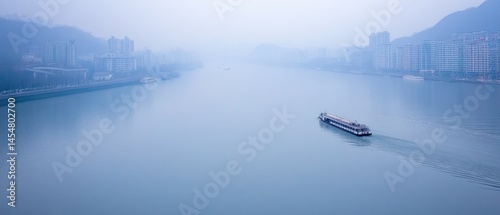 Obraz na płótnie Misty river scene with a ferry. w salonie