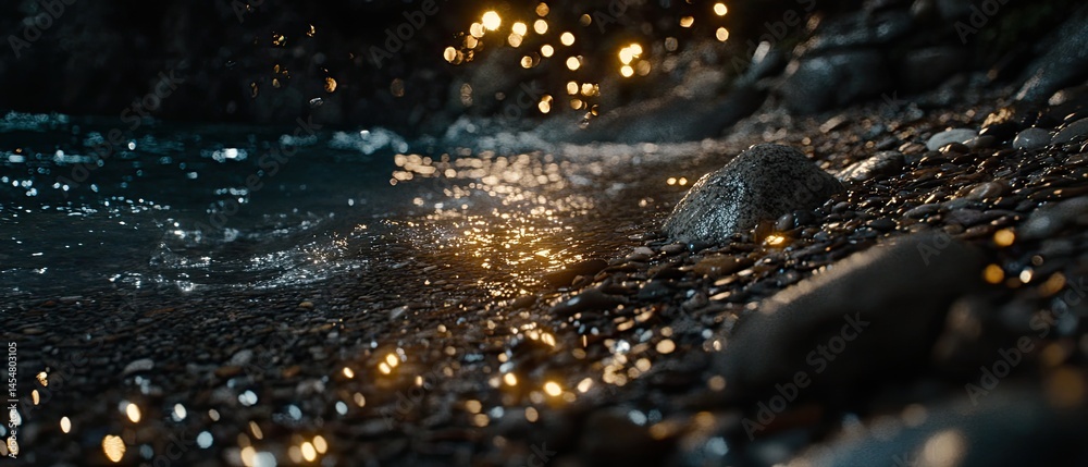 Close-up view of dark pebbles at the water's edge