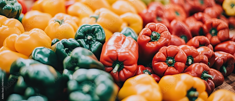 Colorful bell peppers piled high at a market stall.