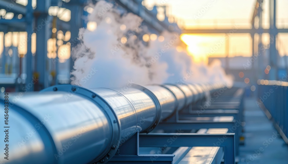 Steam Emission from Industrial Pipe at Sunrise in Factory Setting Steam Emission from Industrial Pipe at Sunrise in Factory Setting