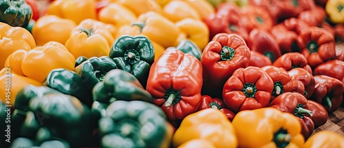 Obraz na płótnie Colorful bell peppers piled high at a market stall. w salonie