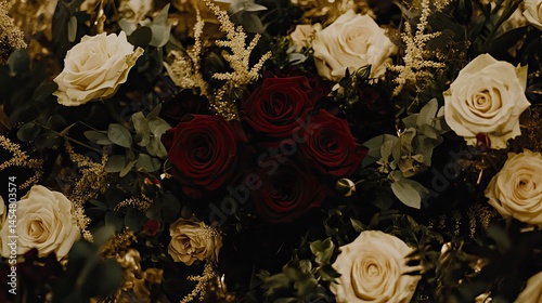 Close-up view of a floral arrangement with pale cream and deep maroon roses.