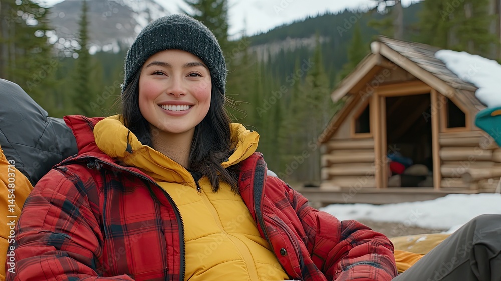 Smiling person relaxing outdoors in winter scenery.
