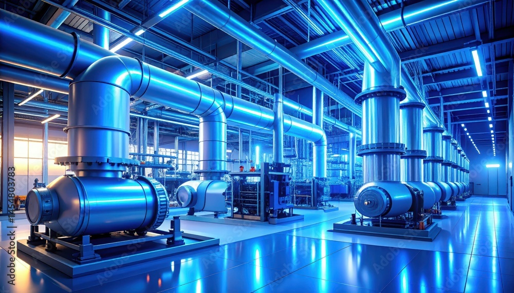 Fototapeta premium Industrial Facility with Metallic Pipes and Pumps in Blue Lighting