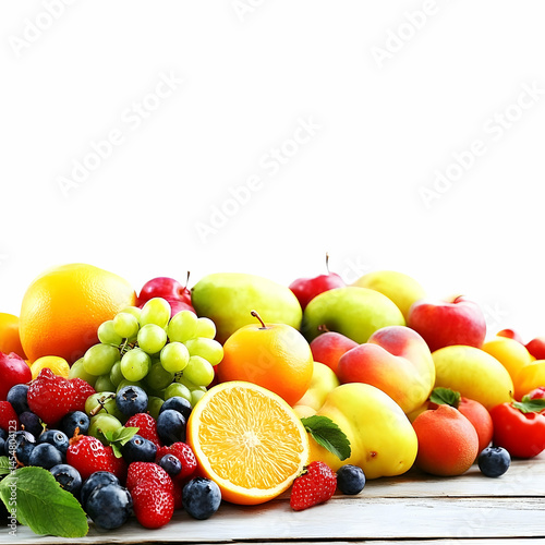 Assortment of fresh and colorful fruits on wooden surface