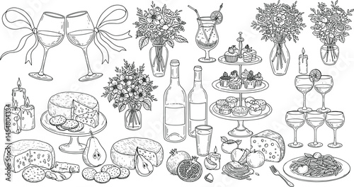 Hand drawn chalk food illustrations. Wedding dinner icons