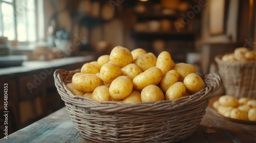 Basket of fresh potatoes in rustic kitchen