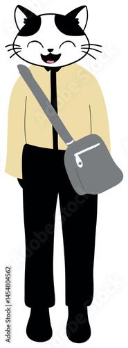 Cute cartoon character - a cat standing upright with a bag, wearing a beige sweater, black pants and shoes, smiling with his eyes closed and his tongue hanging out.