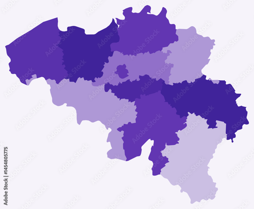 Naklejka premium Map of Belgium with regions. Just a simple country border map with region division. Deep purple color palette. Plain Kingdom of Belgium shape with administrative division. Vector illustration.