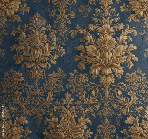 Intricate blue & gold damask floral wallpaper  , motif, textile