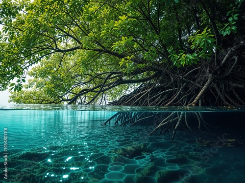 Submerged Mangrove Roots and Green Canopy with Technological Integration