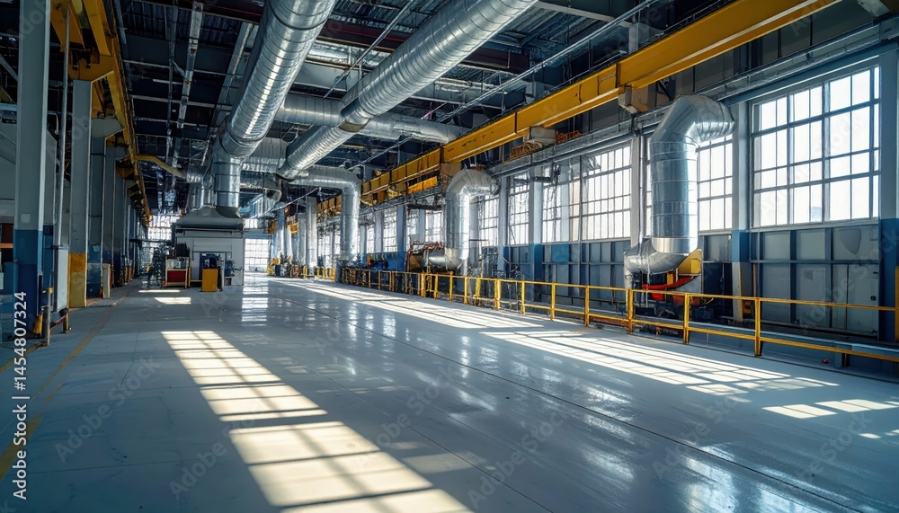 Fototapeta premium Bright Industrial Warehouse Interior with Pipes and Machinery