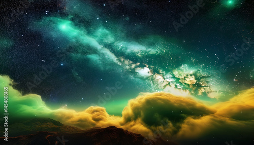 green and yellow nebula clouds span across a starry night sky background