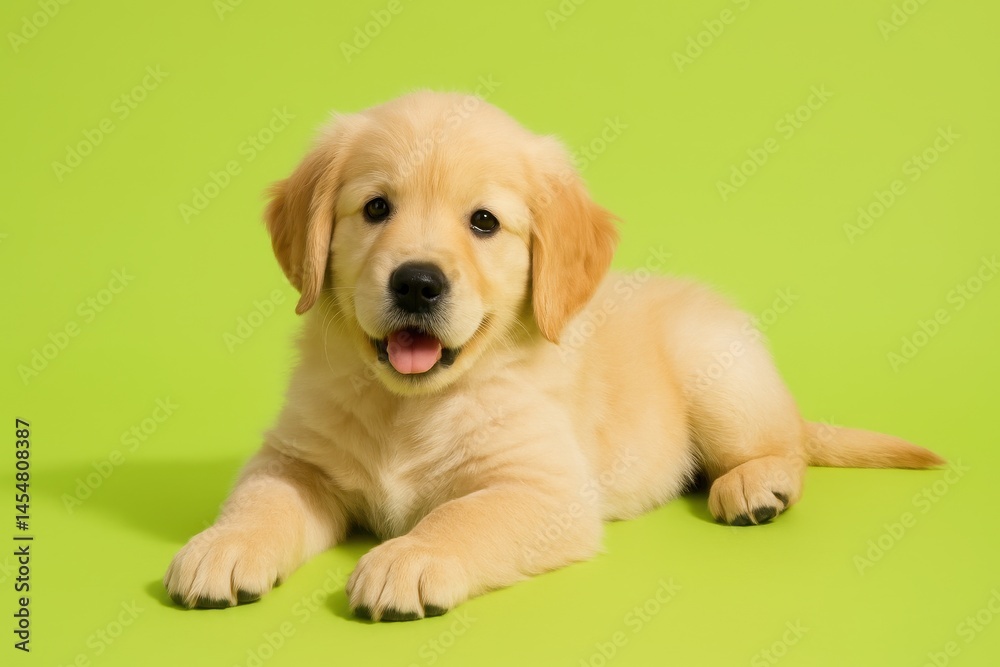 Adorable Golden Retriever Puppy Lying Down on Bright Green Background Adorable Golden Retriever Puppy Lying Down on Bright Green Background