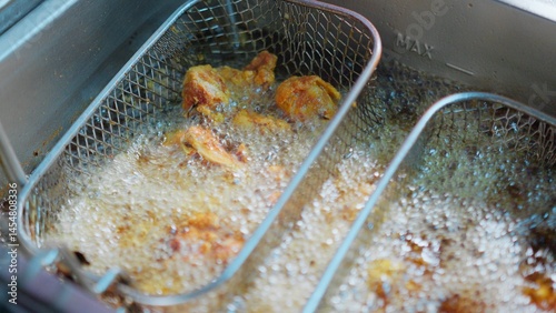 Close-up of crispy fried chicken pieces sizzling in hot oil inside a deep fryer in a Restaurant, showcasing delicious cooking in a kitchen.