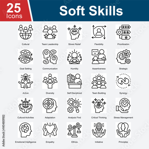 Soft Skills is a collection of icons representing the essential interpersonal and intrapersonal skills that enhance teamwork, leadership, communication, emotional intelligence, stress management, and 