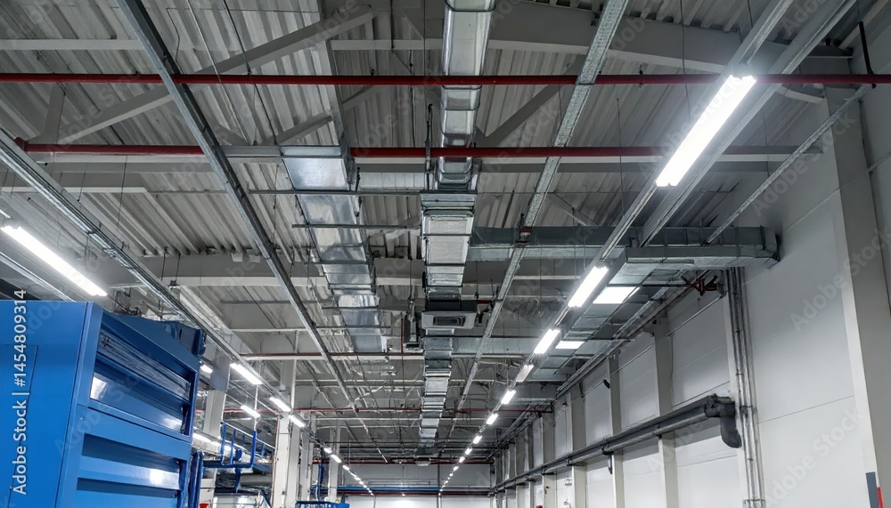 Obraz premium Modern Industrial Warehouse Interior with LED Lighting and Duct Work