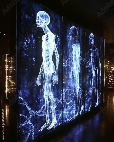Holographic projection of first human ancestors reconstructed from DNA with their silhouettes emerging from glowing DNA strands The scene takes place in a high tech lab surrounded by glowing screens photo